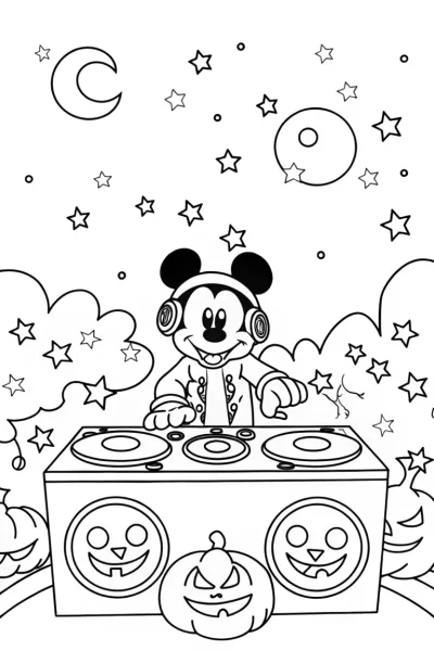 Mickey Mouse Halloween DJ Coloring Page