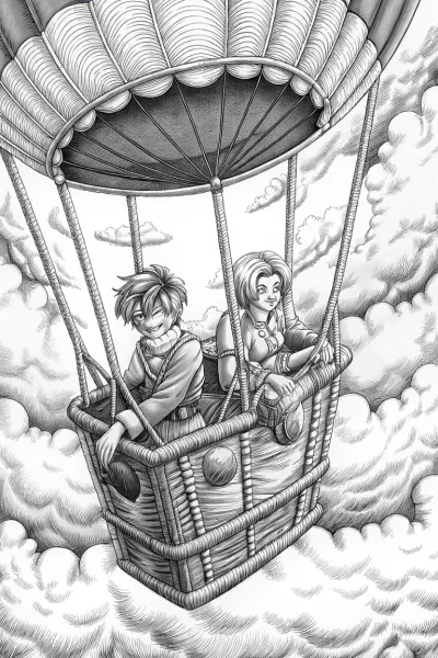 Anime characters in a hot air balloon