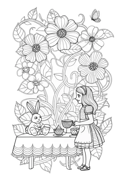 Alice’s Enchanted Forest Tea Party Coloring Page