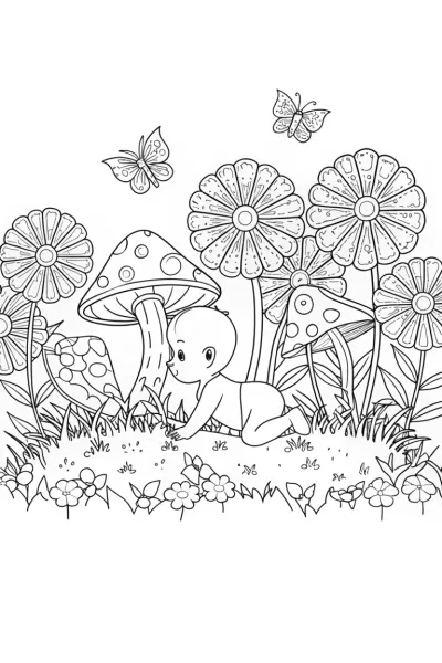 Baby’s enchanting garden exploration coloring page