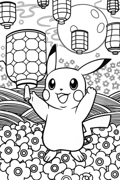 Pikachu’s Magical Lantern Festival Coloring Page