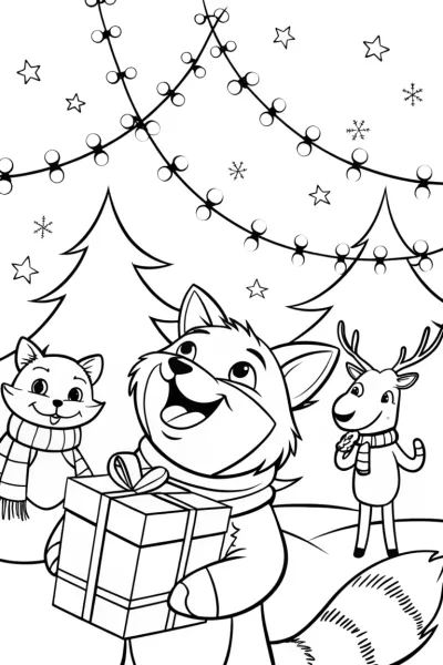 Woodland Animals Christmas Gift Exchange Coloring Page