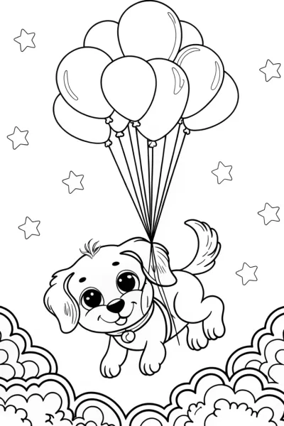 Puppy’s Magical Balloon Adventure Coloring Page