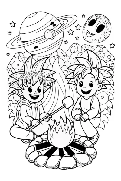Goku’s Galactic Camping Adventure Coloring Page