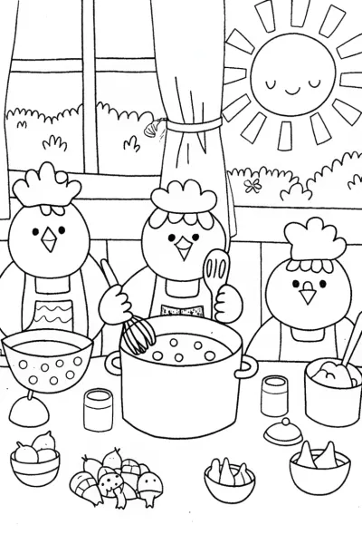 Chickens in a Chef’s Kitchen Coloring Page