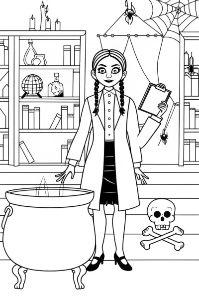 Wednesday Addams in a science lab