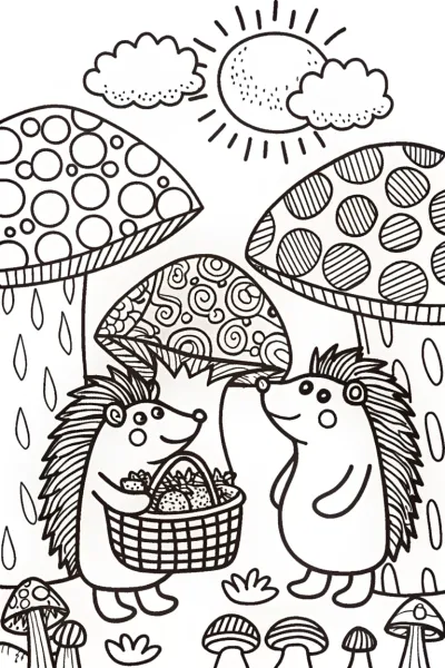 Friendly Hedgehogs at the Mushroom Market Coloring Page