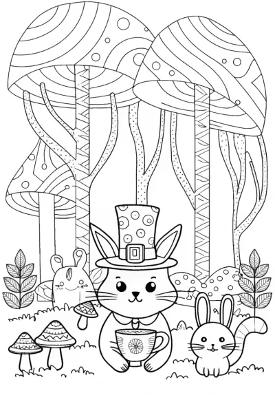 The Enchanted Cat’s Tea Party Coloring Page