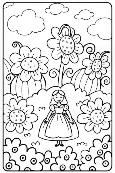 Alice’s Curiosity in the Floating Garden Coloring Page