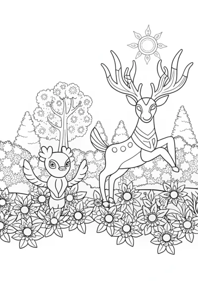 Celebi, Shaymin, and Xerneas Nature Coloring Page