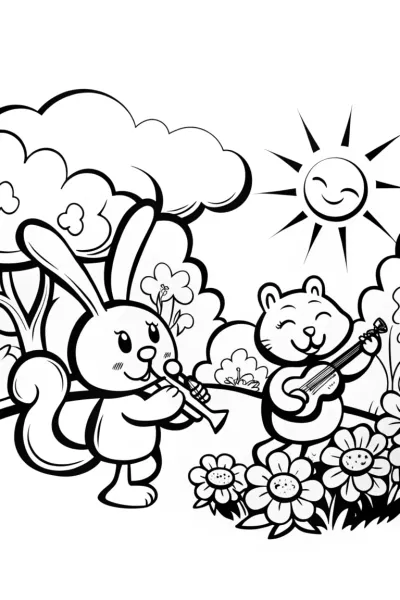 Summer Concert Coloring Page with Rabbit and Squirrel