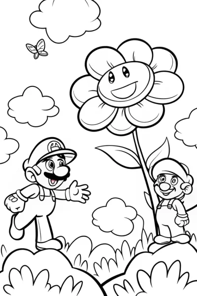 Mario and Luigi’s Adventure in the Sky Garden Coloring Page