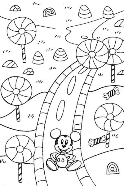 Mickey Mouse’s Adventure in Candy Land Coloring Page
