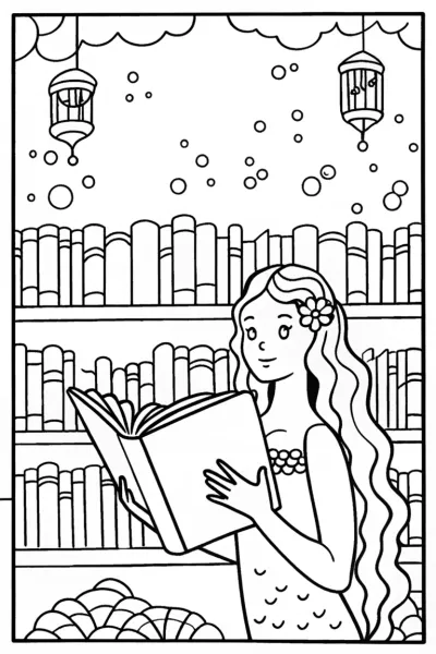 Curious Mermaid’s Enchanted Library Coloring Page