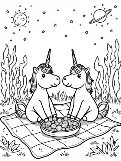 Unicorns enjoying a picnic