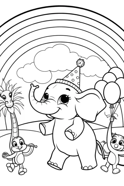 Rainbow Parade Coloring Page with Joyful Elephant