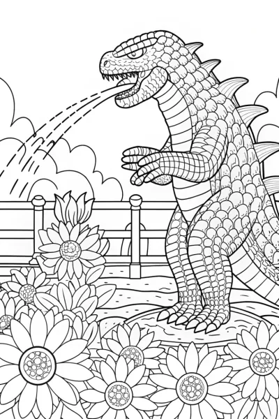 Godzilla watering an alien flower