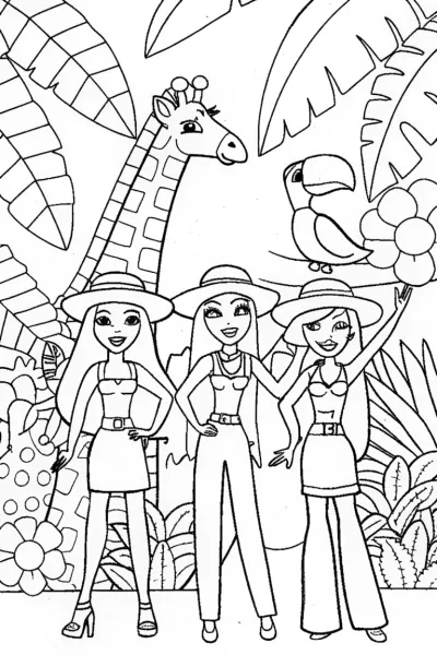 Bratz Dolls on a Fashion Safari Coloring Page