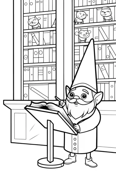 Gnome in the Magic Library Coloring Page