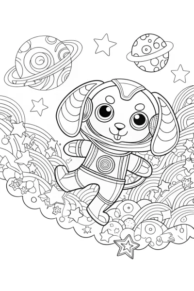 Puppy Astronaut on a Cosmic Adventure Coloring Page