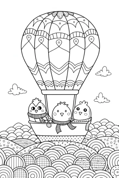 Chickens on a Balloon Adventure Coloring Page