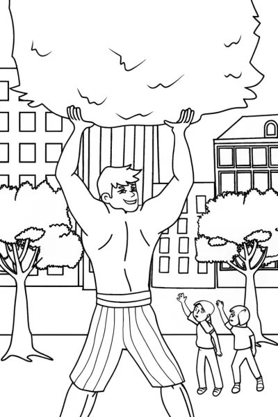 Hulk lifting trash in the city