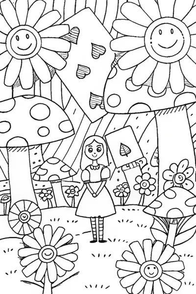 Alice’s Curious Card Garden Coloring Page