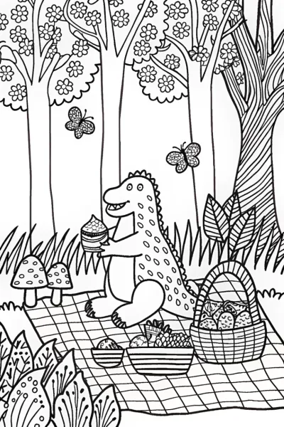 Godzilla’s Fun Forest Picnic Coloring Page