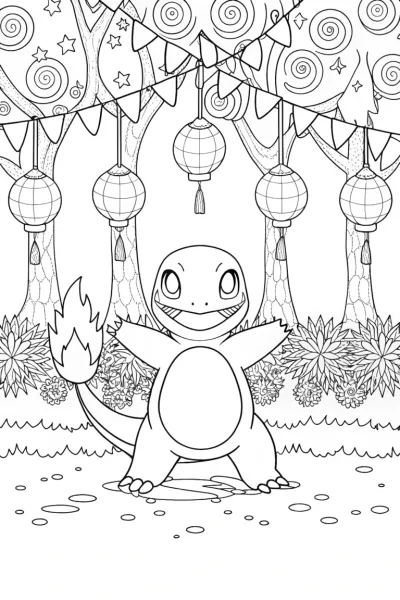 Charmander’s Firefly Fête Coloring Page