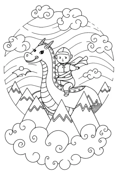 Ninja Riding a Dragon Coloring Page