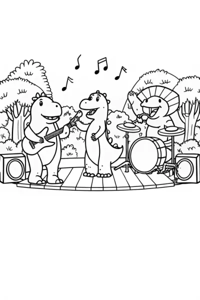Dino Rock Band Jam Session Coloring Page