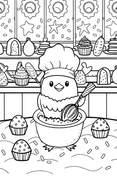 Chick’s Delightful Bakery Adventure Coloring Page