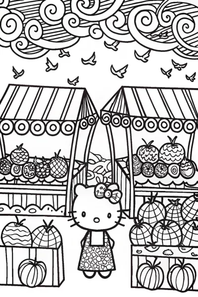 Hello Kitty’s Enchanted Market Coloring Page