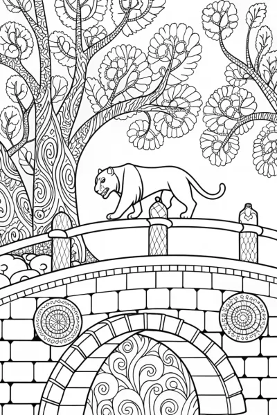 Brave Panther on the Enchanted Bridge Coloring Page