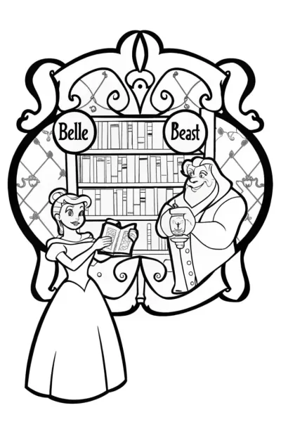 Belle and Beast in the Enchanted Library Coloring Page