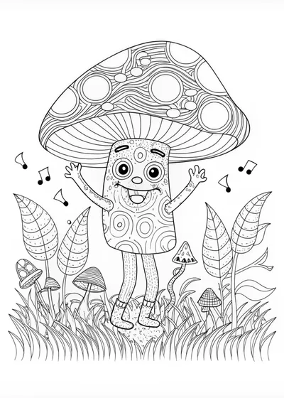 Happy Mushroom Bubbles Coloring Page