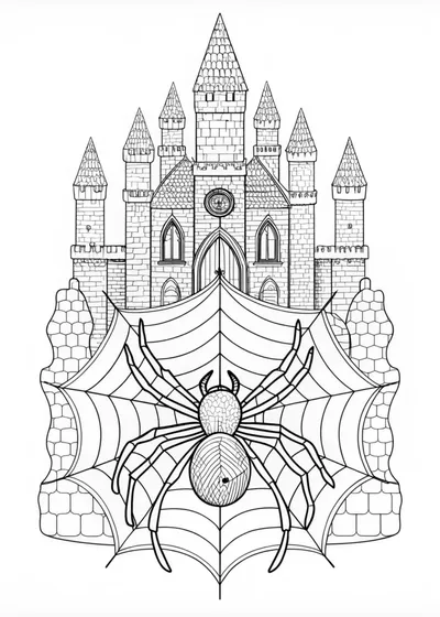 Castle and Spider Web Adventure Coloring Page