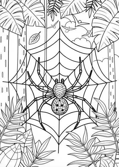 Spider in the Jungle Web Coloring Page