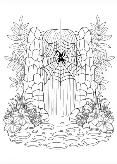 Spider Over the Waterfall Coloring Page