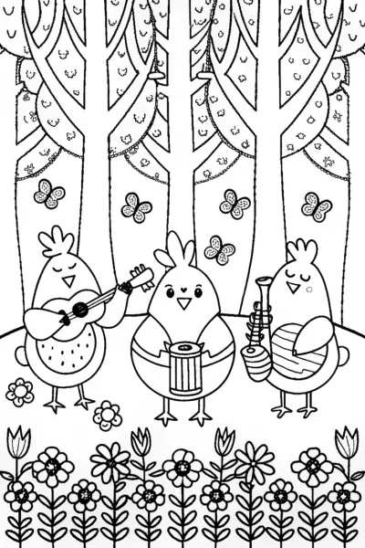 Chickens on a Musical Adventure Coloring Page