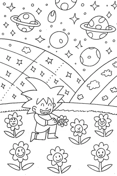 Goku in a starry garden coloring page