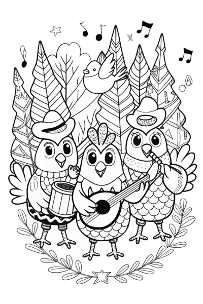 Chickens jamming in a musical meadow