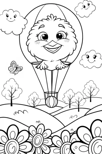 Chick’s Joyful Balloon Journey Coloring Page