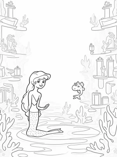 Little mermaid in an ocean library