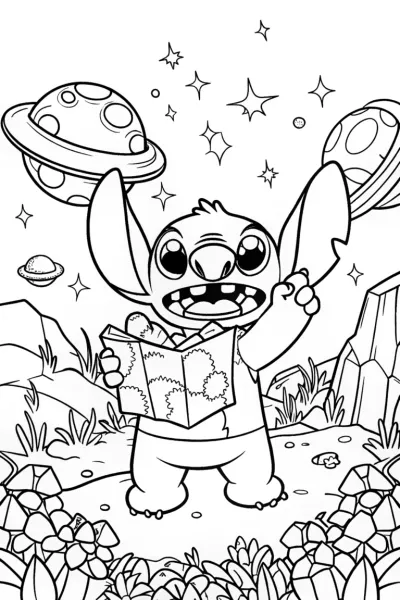 Stitch on a Galactic Treasure Hunt Coloring Page