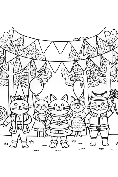 Whimsical Cat Parade Celebration with Festive Friends