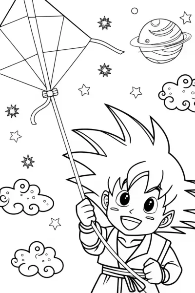 Goku’s Galactic Kite Adventure Coloring Page