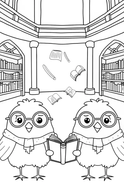 Chickens in a Magical Library Coloring Page