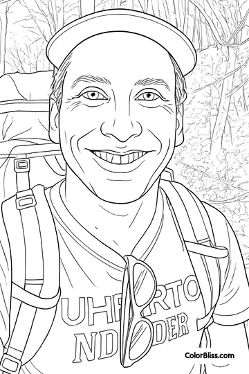 A default style coloring page of Ben backpacking in the mountains