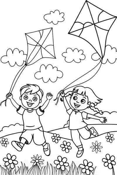 Children Flying Kites Coloring Page